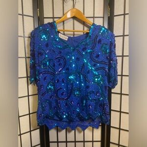 Vtg Laurence Kazar Blue Purple Sequin Beaded Cocktail Short Sleeve Blouse Top 1X